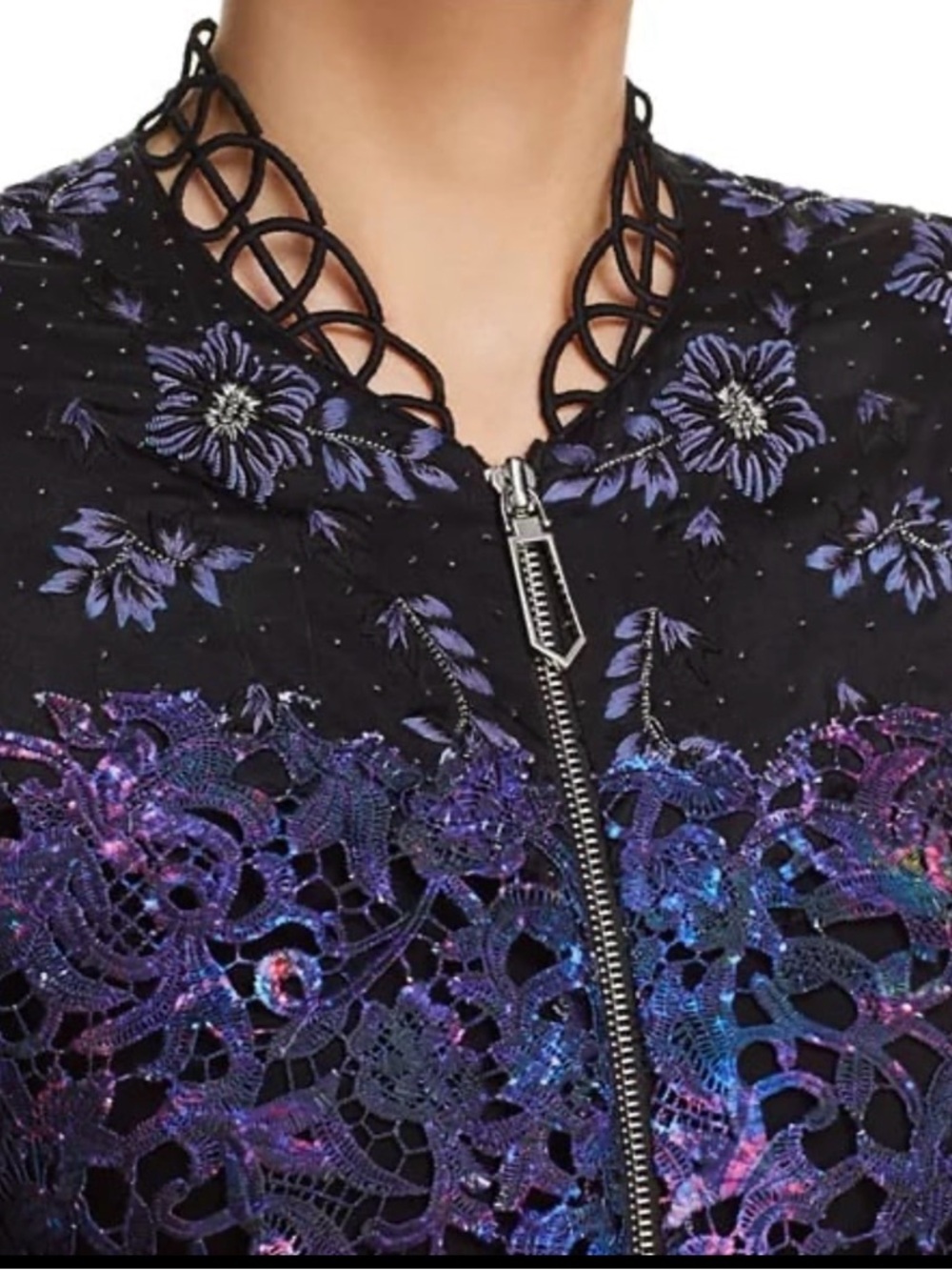 Elie Tahari Brandy 100% Silk Embellished Bomber Jacket - Picture 2 of 9